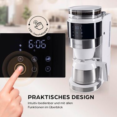 Кавомашина Barista Filterkaffeemaschine з регульованим млинком та термокружка | Функція підігріву, таймер 24 год та постійний фільтр | Для 10 чашок кави | Кавомашина для зерен та меленої кави [Нержавіюча сталь] (9) Weiß (Pro Design) - Термокружка - з