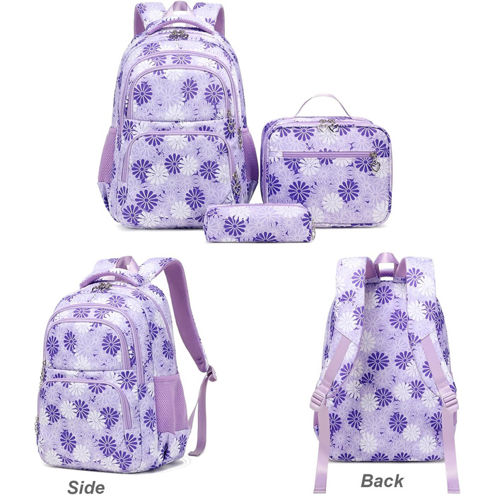 Шкільний рюкзак ZHIERNA для дівчаток-підлітків: комплект з пеналом та ланч-боксом (фіолетовий)