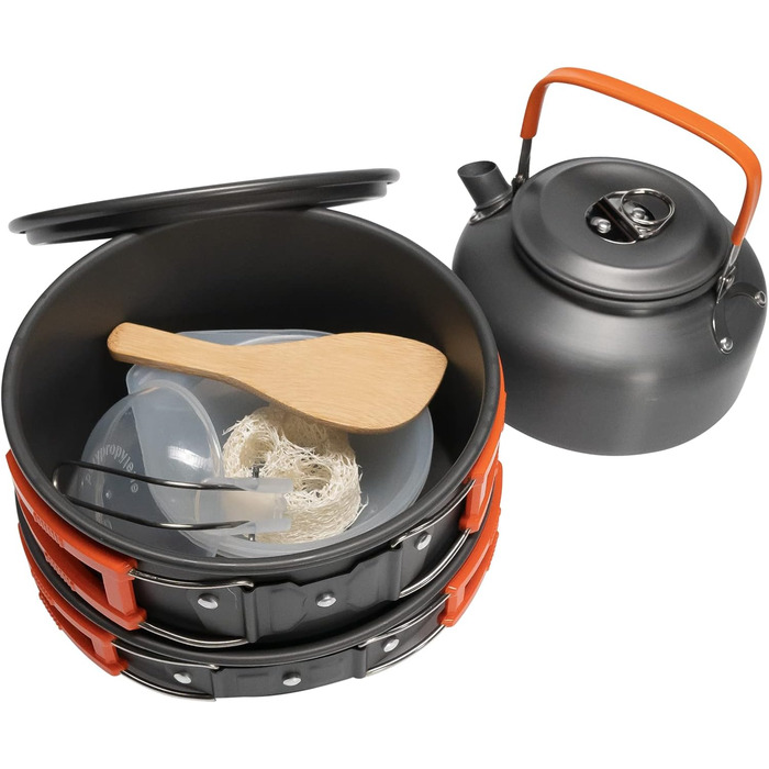 Набір кухонного посуду Grafner Premium Camping 11-ти частинний: стабільний алюміній з антипригарним покриттям, компактний, з розкладними ручками. Ідеально для кемпінгу, пікніків та подорожей на авто. Включає котел, сковорідку, чайник та інше.