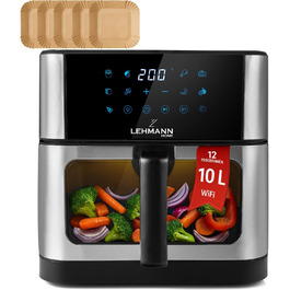 Фритюрниця повітряна LEHMANN з 2 камерами, 2400 Вт, AirFryer XXL з 12 програмами, до 200°C, WiFi, 10л, з вікном, для смаження, випікання, сушіння, грилю