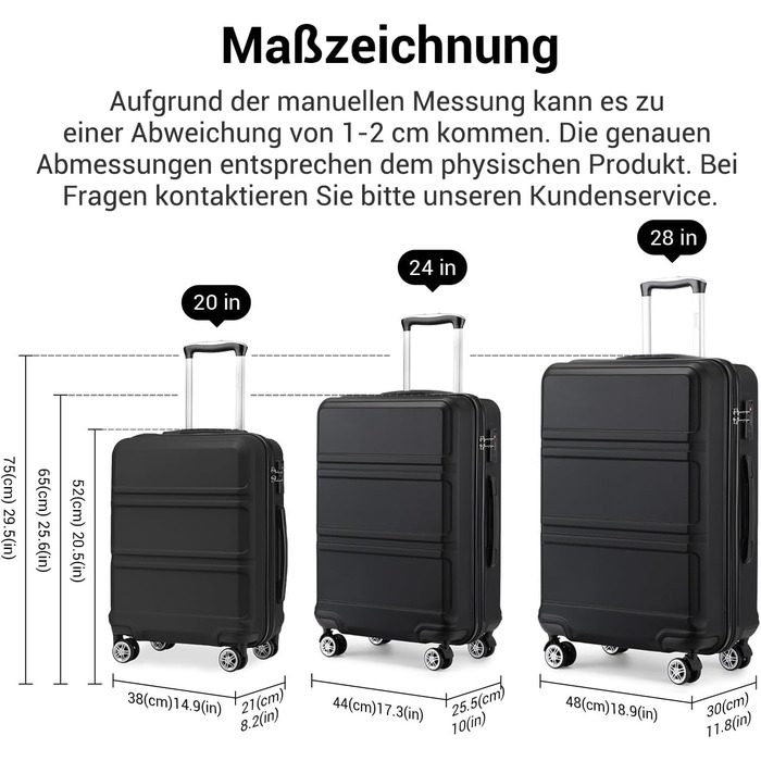 Чемодан-валіза KONO з ABS+PC: міцний, з TSA-замком та 4 колесами (52 см, чорний)