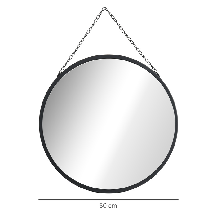 HOMCOM Wall Mirror Makeup Mirror Round Mirror Ø 50 cm with Decorative Mounting, Black Metal and Glass for Bathroom and Hallway