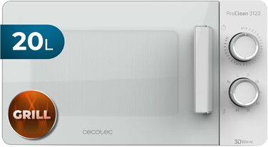 Мікрохвильова піч Cecotec Pro Clean 3120 з кварцовим грилем 800 Вт, антибактеріальне покриття Ready 2 Clean, 3D Wave, 20 л, біла дверцята