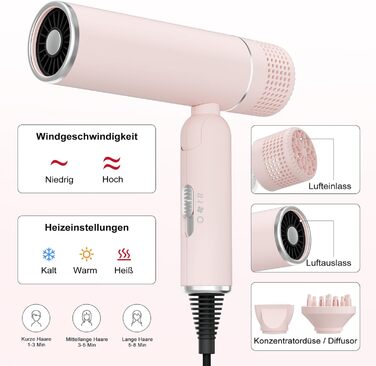 Фен 7MAGIC з концентратором, компактний для подорожей, 1600W, іонізація 300 млн., захист від перегріву, для всіх типів волосся, зелений (рожеві насадки)