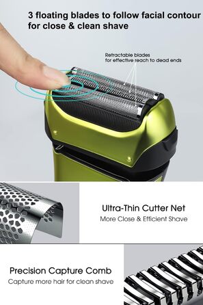 Електричний чоловічий бритва та тример з 3 гнучкими лезами, акумуляторний, бездротовий, з чохлом для подорожей, для мокрого та сухого гоління, час роботи 100 хв, подарунок для чоловіка, колір: смарагдово-зелений
