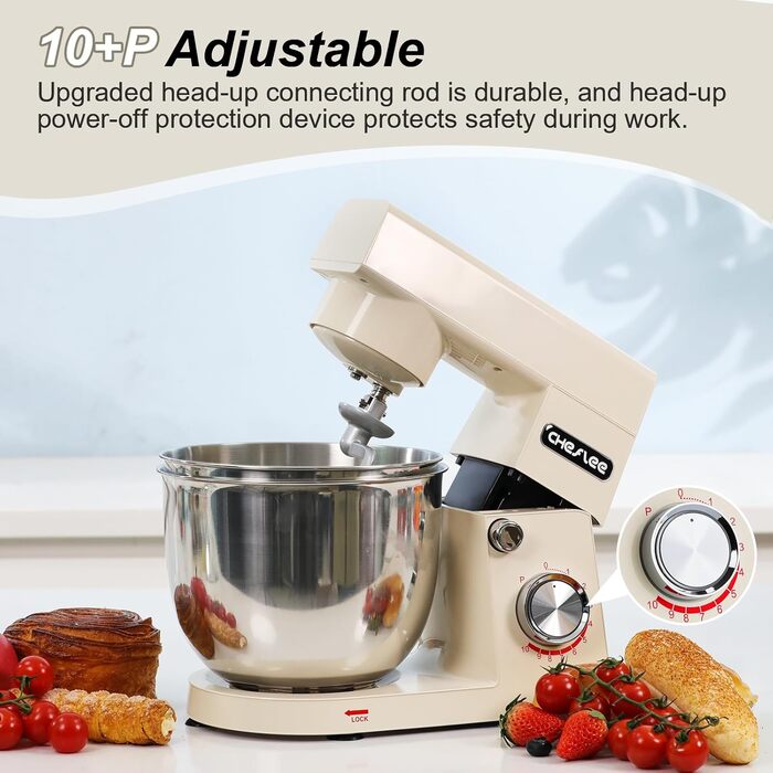 Кухонний комбайн Cheflee 1500W з місткими чашами 4.5 та 5.5L з нержавіючої сталі, 10+ швидкостей, з гаками для тіста, вінчиком та насадками для збивання, з кришкою-розбризкувачем