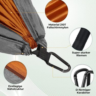 Гімніс Гамак для відпочинку на відкритому повітрі Ultraleicht, 275x140 см, з мотузками та карабінами, 300 кг, Оранжевий - Сірий