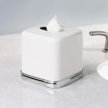 mDesign Cosmetic Tissue Box - Practical tissue box for the bathroom made of metal with a white finish and chrome accents - Paper tissue box in a modern & minimalist design
