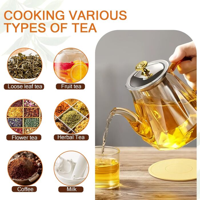 Скляний чайник Teekanne з ситом для листового та розквітлого чаю, 1000 мл, термостійке скло з щіткою для чищення, підходить для плити