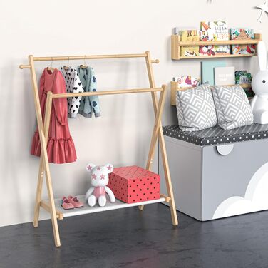 Kids' Clothes Rack, Small Clothes Rack for Toddlers and Pets, Dress-Up Rack with Shelf and Double Rods, Foldable Clothes Rack for Kids' Rooms (Standard Size)