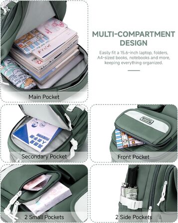 Дитячий рюкзак для підлітка, шкільний рюкзак для дівчинки з багатьма відділеннями, рюкзак для учнів 3-5 класів, середньої та старшої школи, нейлоновий рюкзак для подорожей та відпочинку (зелений)