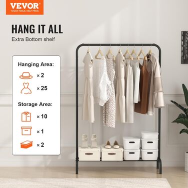 VEVOR Clothes Rack Wardrobe Rack 1 Clothes Rod, Durable Clothes Rack Black 400 x 1010 x 1510 mm Clothes Rack for Bedroom, Laundry Room, Dressing Room, Entrance, etc.