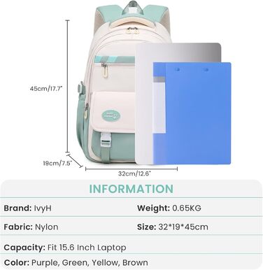 Шкільний рюкзак IvyH для підлітків, великий водонепроникний, зелений, для дівчаток та хлопчиків, 3-9 клас, старша школа, коледж, подорожі