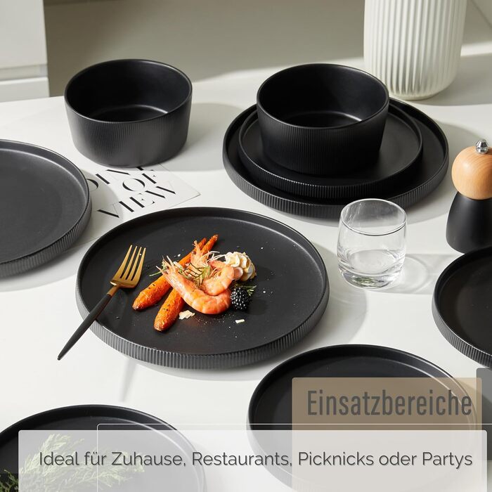 Набір посуду Jiwoo на 4 особи (12 предметів): тарілки, миски, десертні тарілки, Bone China, чорний матовий, для мікрохвильовки та посудомийної машини