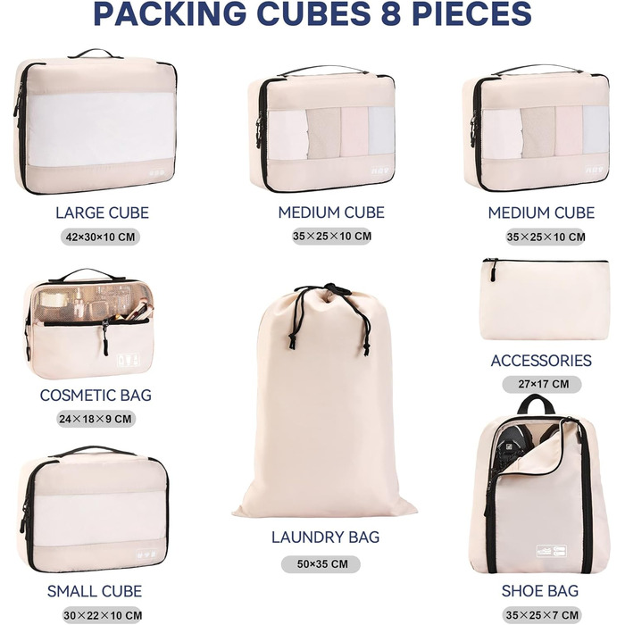 Органайзер для валізи MURISE, 8 шт. - Packing Cubes для подорожей, набір для організації речей у валізі, з мішечком для взуття та косметички, бежевий колір
