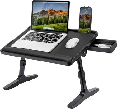 LAPGEAR Підставка для ноутбука з дерева та шкіри з регульованими ніжками, підставкою для зап'ястя, слотом для медіа та вбудованим місцем для зберігання, для ноутбуків до 43.2 см (17 дюймів), чорна
