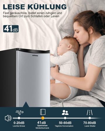 Холодильник Upstreman 91L з функцією швидкого охолодження, 5 температурних режимів (1-8℃), енергоефективний, 41 дБ, компактний та місткий, для студентського гуртожитку/офісу, BR321 (срібний)