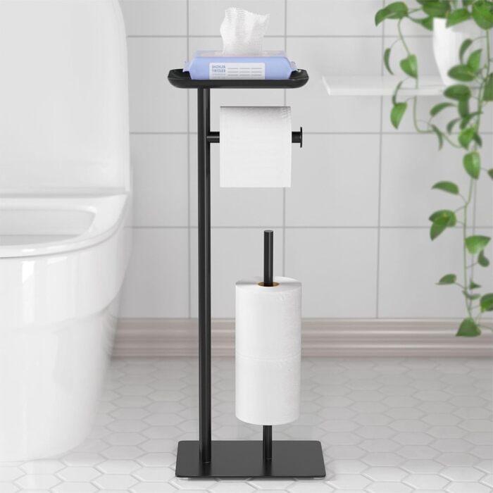 Настінний тримач для туалетного паперу з полицею, чорний, з місцем для 4 запасних рулонів, нержавіюча сталь