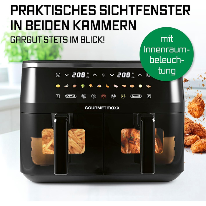 Фритюрниця готує без олії GOURMETmaxx 9л (2x4,5л) з цифровим дисплеєм, таймером та захистом від перегріву, чорна