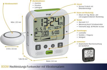 TFA Dostmann Boom Funkwecker, Loud with Vibration Alarm, Snooze Function, Adjustable Volume and Brightness, Automatic Night Light, White, L 110 x W 65 x H 122 mm