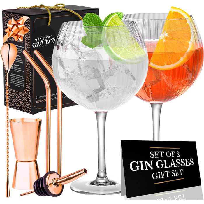 Vemacity Twisted Gin & Tonic Glass Set | 2 Handcrafted Gin Glasses, Rose Gold Bar Spoons, Spirits Measuring Jigger, 2 Metal Straws, Pourer & Recipe PDF | Cocktail Set