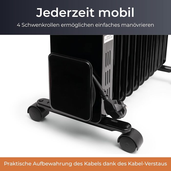 KLAMER Oil Radiator 2500 W, Electric Heater Energy-Saving, 13 Fins, 3 Heating Levels with Eco Mode, 24h Timer, Thermostat, Overheat & Tip-Over Protection, with Remote Control, for Indoor Use, Black
