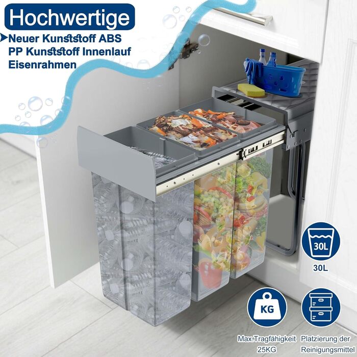 Вбудований контейнер для сміття HENGMEI для кухні, висувний, 3 секції по 10л, сірий