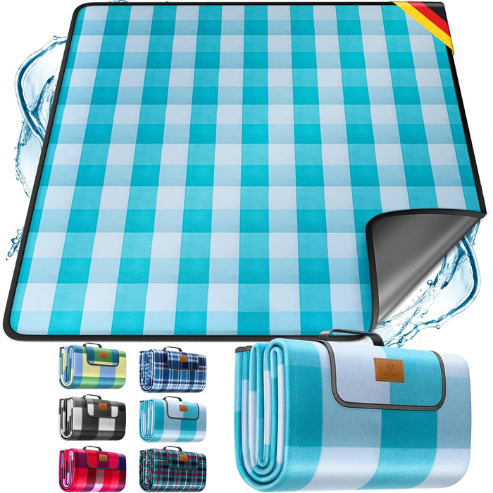 KESSER® Picnic Blanket Camping Blanket XXL 200 x 200 cm - Warm Insulated with Waterproof Bottom, Carrying Handle, Foldable Beach Blanket, Picnic Blankets for 4-6 People, Washable Picnic Blanket (Blue / Turquoise)
