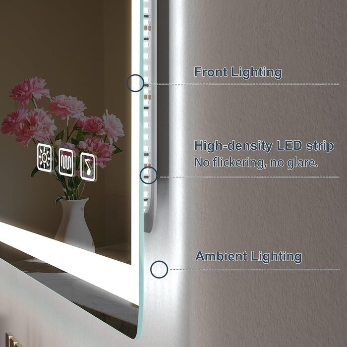 Дзеркало для ванної кімнати S'bagno з підсвічуванням 100x70 см, LED, з полицею, протитуманне покриття, регулювання кольору (3000K/4000K/6500K), диммування, HD-загартоване скло, IP44, горизонтальне/вертикальне встановлення, Bluetooth, годинник