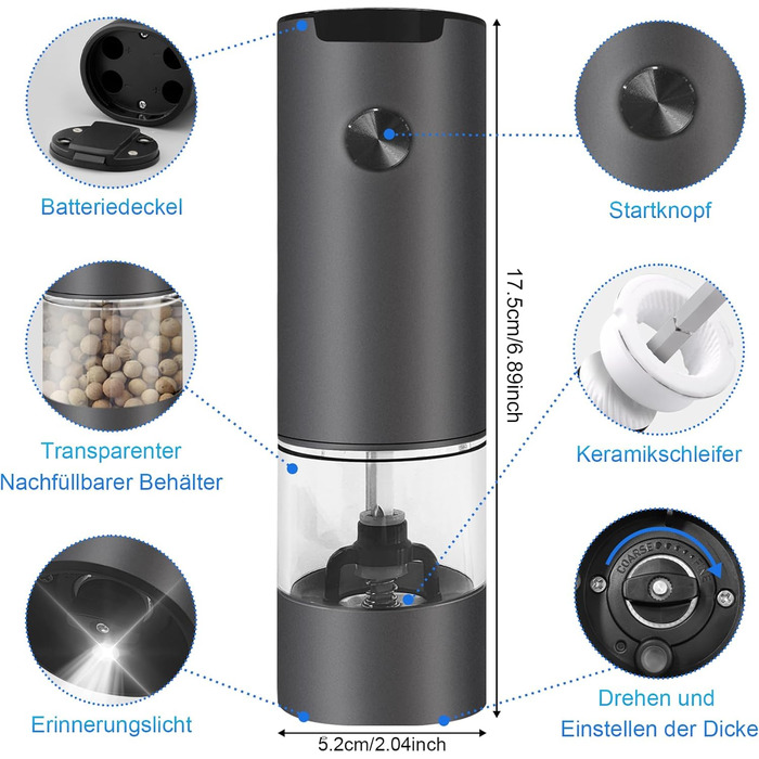 Електричні мельниці для солі та перцю 2 шт. з LED-підсвічуванням, регульована ступінь помелу, чорний колір