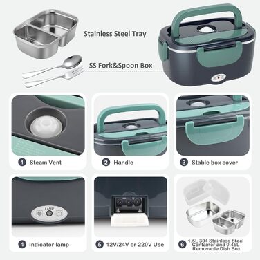 Electric Lunch Box 100W, 3-in-1 Portable Heated Lunch Box, 1.5L Stainless Steel Removable Food Container, 12V/24V/220V Insulated Food Warmer Box for Car/Truck/Office (Blue & Green, 1.5 L)