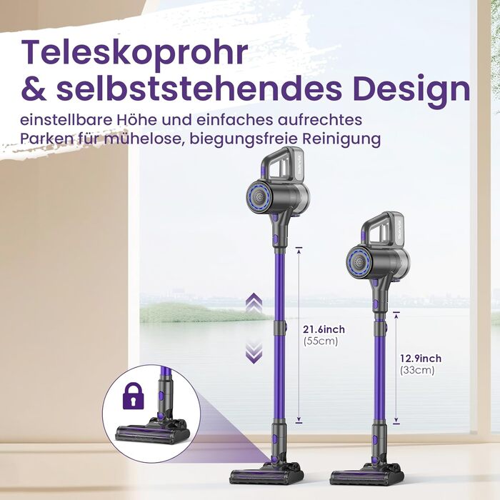 Акумуляторний пилосос Suirviz бездротовий, 40000Pa/500W, 45 хв роботи, самостійна парковка, легкий, для твердих поверхонь, килимів, шерсті тварин, фіолетовий