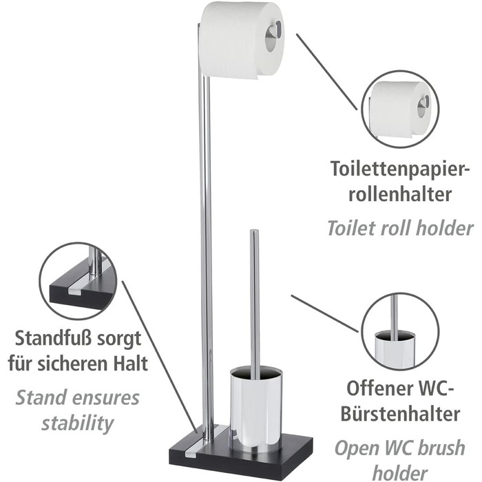 Набір для туалету WENKO Noble Elegante: тримач для щітки та туалетного паперу, полірезин, чорний, 20 x 74 x 15 см, хром/чорний