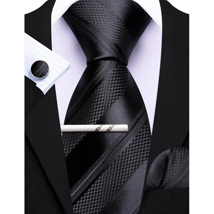 Чоловічий шовковий краватка-набір Barry.Wang з кишеньковою хустинкою та затискачем для запонок, в клітку, для урочистих подій та весілля, чорно-сріблястий