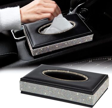 Rectangular tissue box – decorative tissue holder with sparkling crystal rhinestones and made from high-quality leather, perfect for car, office, home – Black