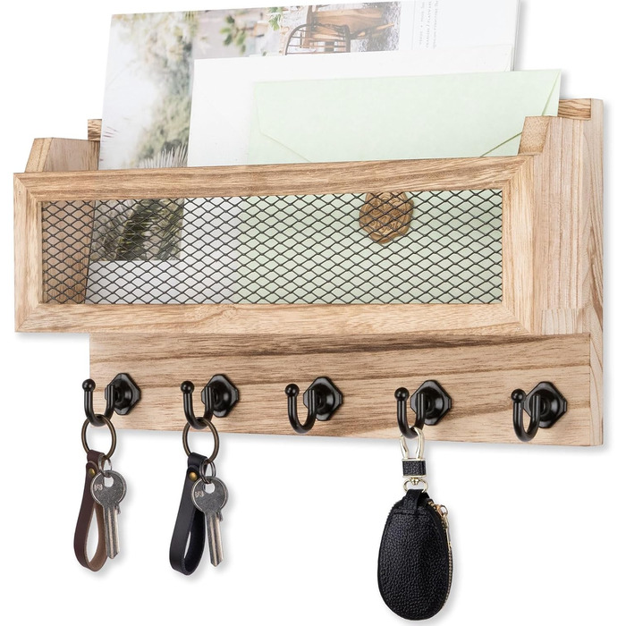Brief and key holder for wall decoration, 27.9 cm (11 inches) wooden wall key organizer with 5 key hooks, wall mount, storage shelf for entryway, hallway (white) (wood)