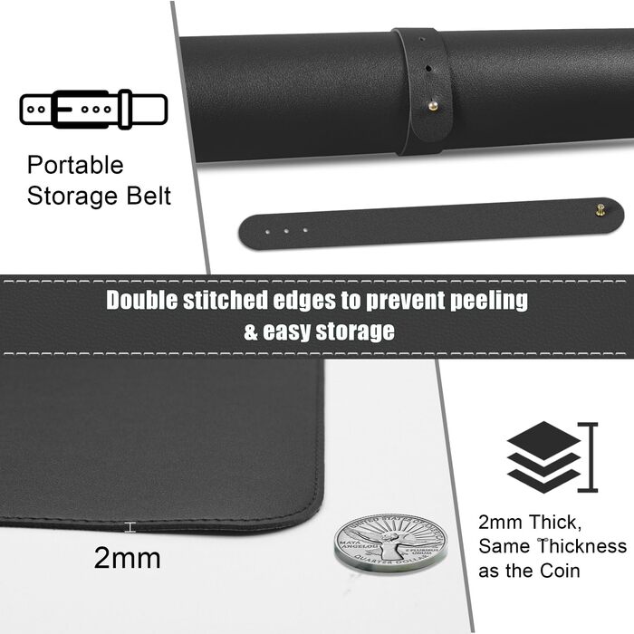 Підкладка для миші та столу Leder (Шкіра) 80x40 см, чорна - килимок для письма, офісний аксесуар для комп'ютера та ноутбука