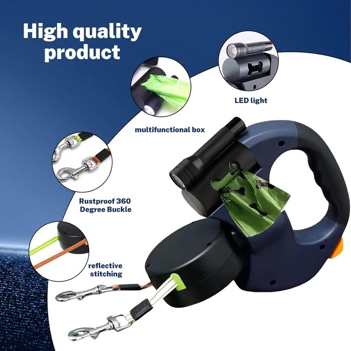 Висувна поводок для собак, 3 метри з LED-підсвіткою, подвійний поводок для 2 собак, обертання на 360°, без перекручування, з пакетами для вигулу, для собак до 50 кг, для тренувань та прогулянок (Чорний)