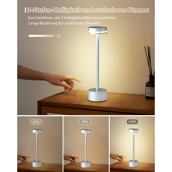 LED настільна лампа з акумулятором, бездротова, з торшером, повне алюмінієве тіло, 3 режими регулювання яскравості, акумулятор 4000mAh, тепле світло 3000K, для обіднього столу, вітальні (срібна)