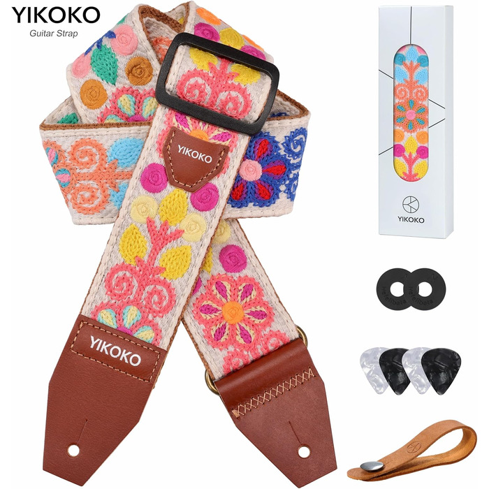 Гітарний ремінь 5,1 см з бавовни з шкіряними кінцями для бас, електро- та акустичних гітар (Квіткова візерунок 01)