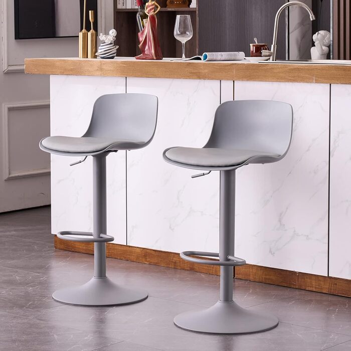 YOUNIKE Adjustable Bar Stools 2-Pack - Kitchen Bar Chairs with Backrest, Faux Leather, Grey
