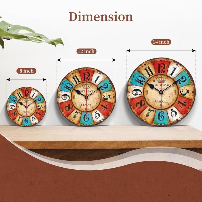VIKMARI Quartz Wall Clock Wood Silent Hanging Clock, Battery-Powered Round Rustic Clock, Easy to Read Vintage Interior Wall Clock ||14' (Colorful Arabic Numerals, 20 cm)