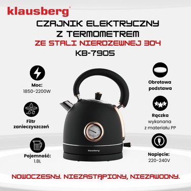 Електричний чайник Klausberg KB-7905, 2200 Вт, 1,8 л, чорний