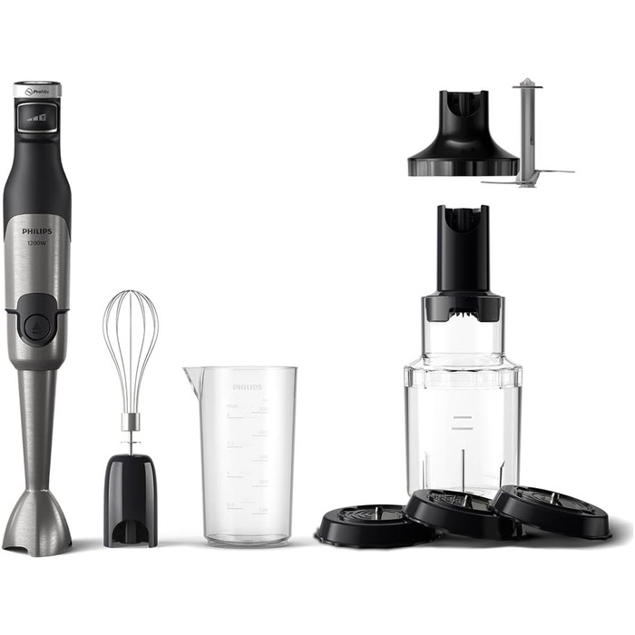 Philips 5000 Series Immersion Blender incl. Whisk, Spiralizer, XL Chopper - 1200 W power. ProMix technology. LED speed indicator. Infinite speed setting (HR2684/00) + Whisk, Spiralizer, XL Chopper