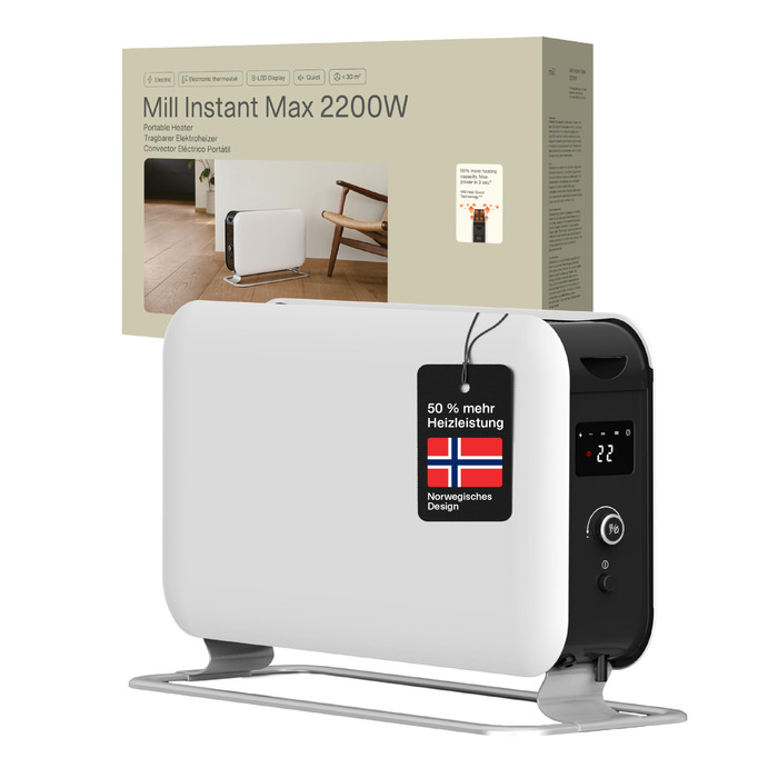 Електричний конвекторний обігрівач Mill MEC 2000W – 24-28 м², з термостатом, тихий, для дому, білий