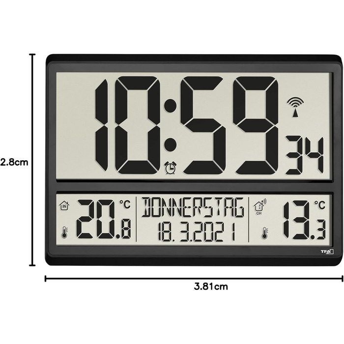 TFA Dostmann Digital XL Wall Clock, 60.4521.01, with outdoor temperature, indoor temperature, weekday (8 languages), radio clock, date, black, (L) 360 x (W) 235 x (H) 28 (84) mm