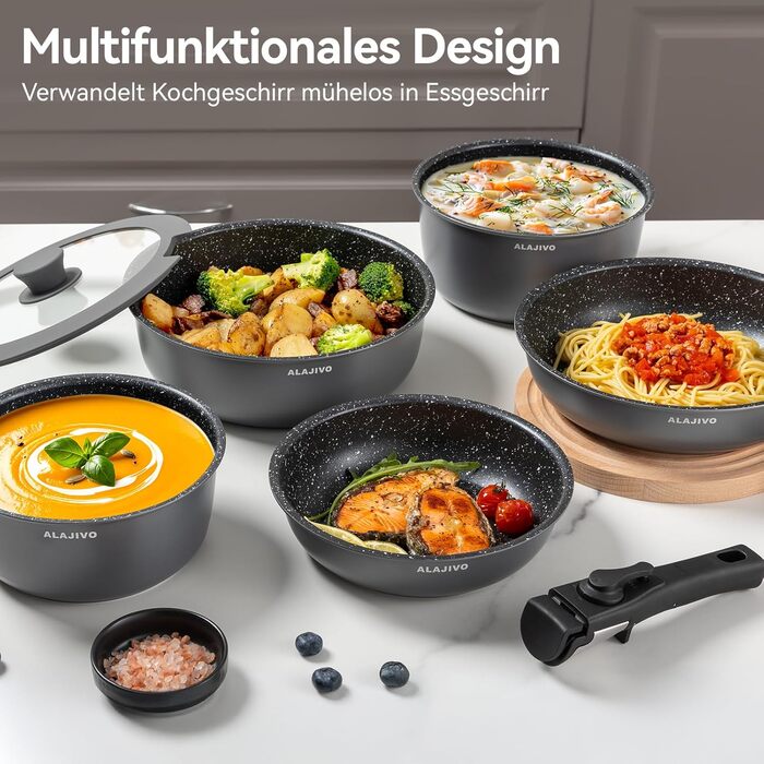 Набір каструль та сковорідок 17 частин з знімним ручками, антипригарне покриття, для всіх типів плит, включаючи індукційні, та духовка, сірий колір