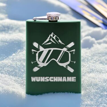 Фляга з нержавіючої сталі Flanacom з гравіюванням, 227мл / 8oz, для гірськолижників, персоналізована, з воронкою (дизайн 3, зелений)