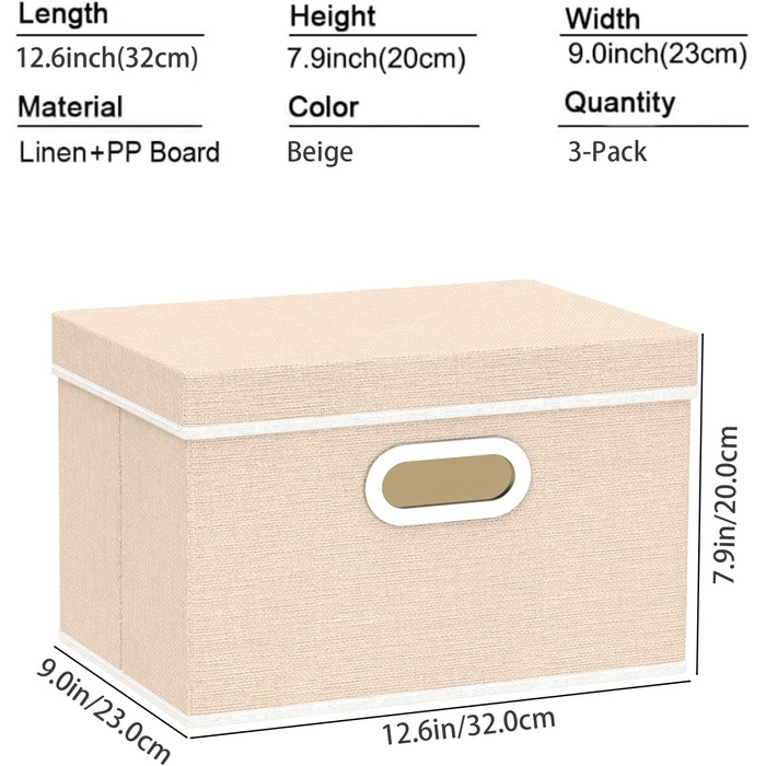 Yawinhe 3-Piece Storage Boxes with Lids, Foldable Fabric Box with Handles, Storage Boxes, for Bedroom, Clothes Storage, 32x23x20cm, SNK023G-3 (32x23x20cm/3-Pack, Beige)