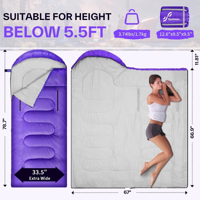 Спальний мішок Sportneer Outdoor - ковдровий, 3-4 сезони, для дорослих, фіолетовий (200x85 см)